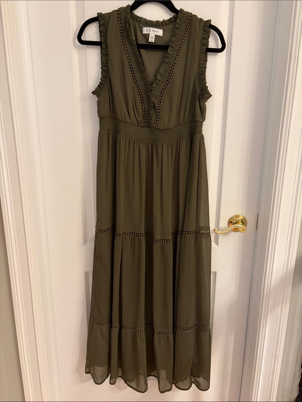 Cristina B Women's Olive Ruffle Trim Maxi Dress
